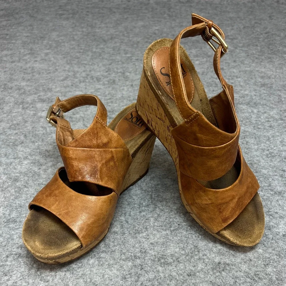 Sofft Women's Tan Brown Leather Cork Wedge Sandals Summer Size‎ 8M